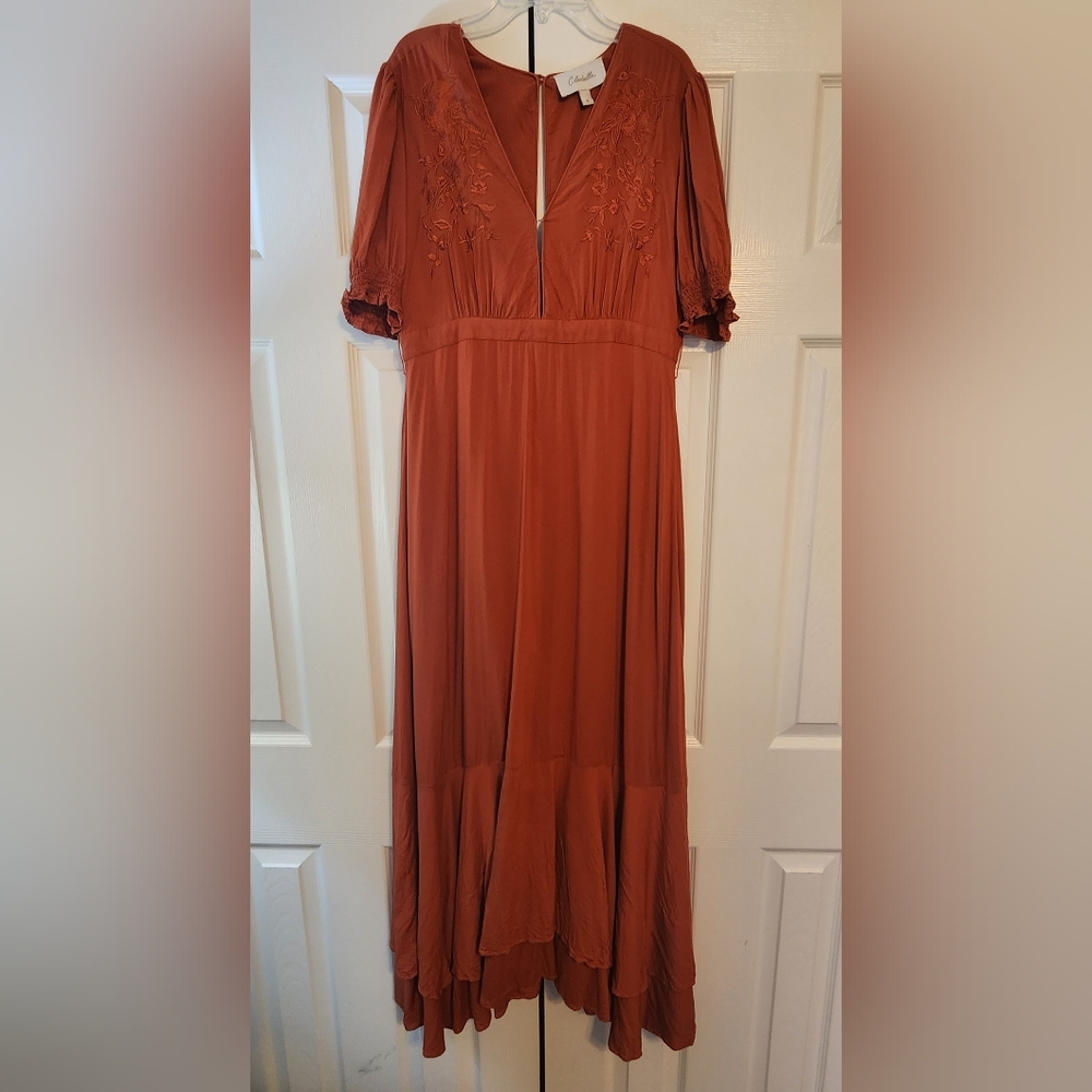 Cloebella Elegant Rust Dress with Embroidered Details Size M, Missing OG Belt